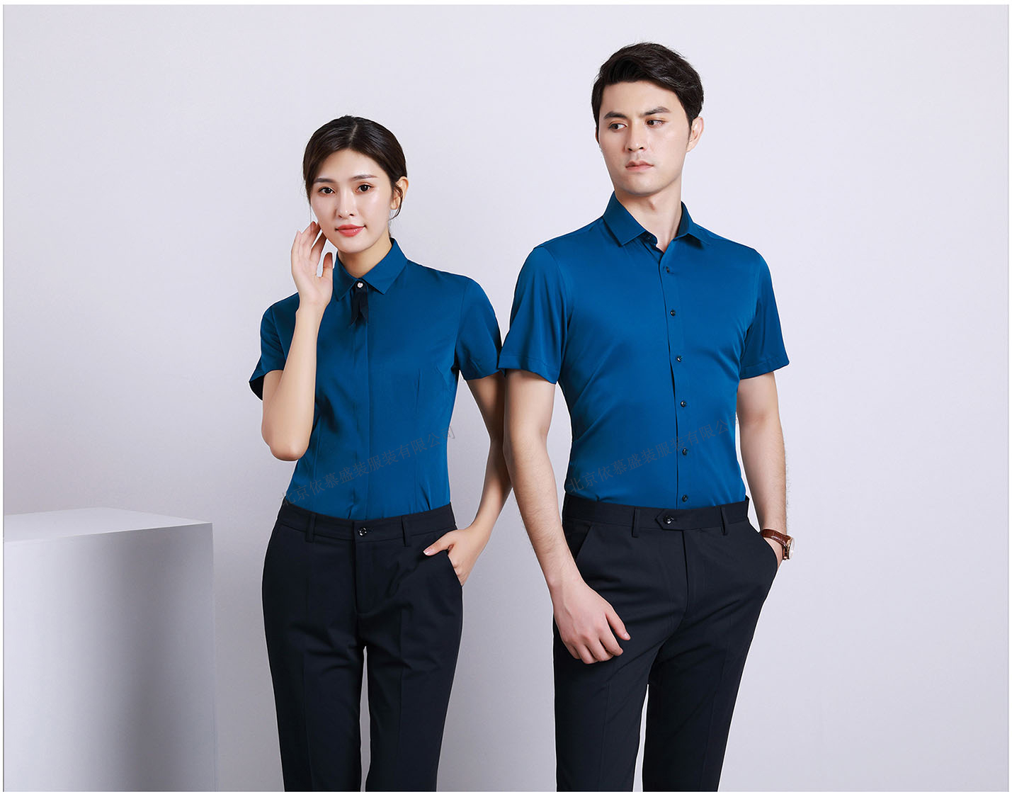襯衫定制 時尚襯衫男女士夏季 寶藍(lán)色短袖襯衫